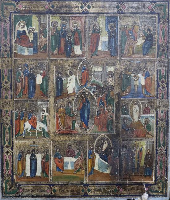 A late 19th century Eastern European icon, tempera on wood, decorated with scenes from the life of Christ, 35 x 30cm, unframed